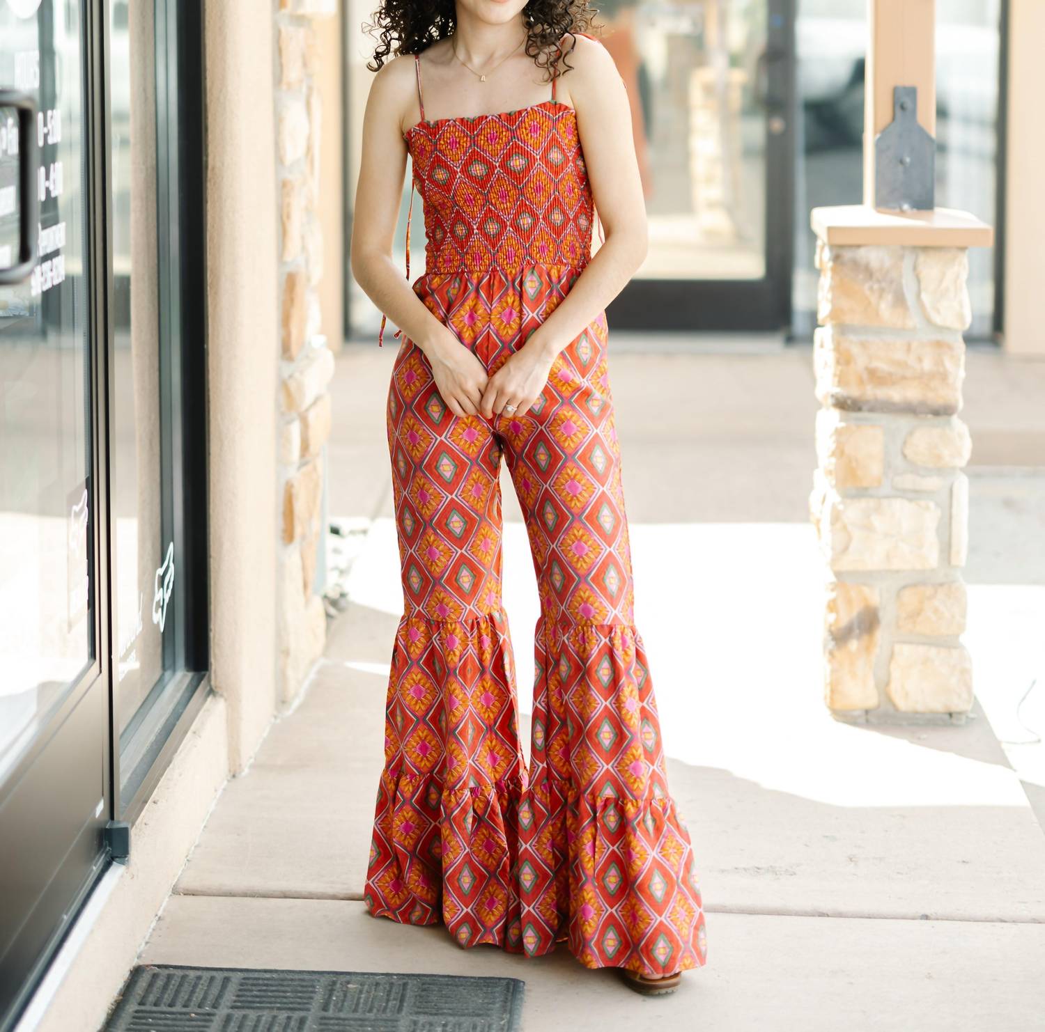 Wisteria Lane - Boho Print Smocked Flared Jumpsuit
