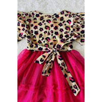 Lulu Clothes - Girl's Leopard Print Ruffle Sleeve Dress With Hot Pink Tulle Skirt