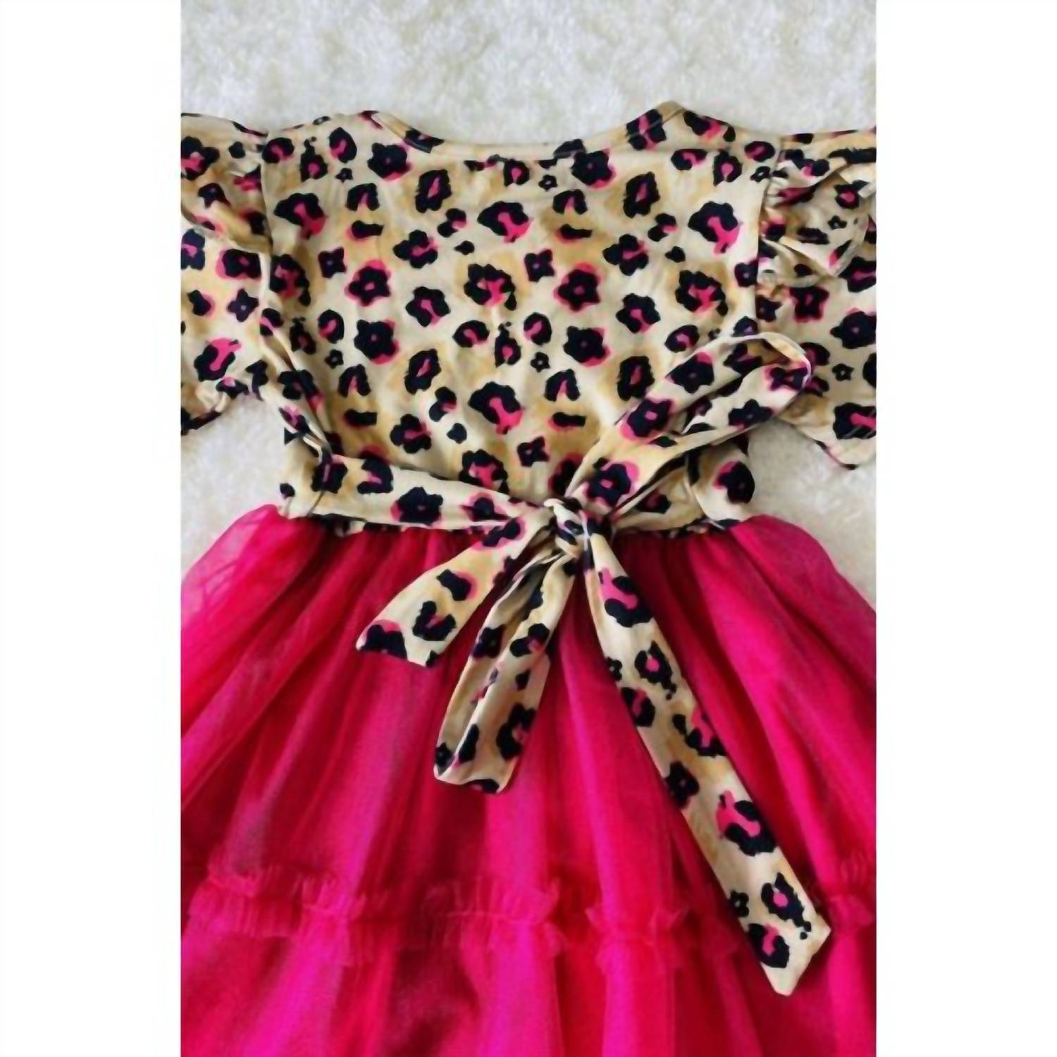 Lulu Clothes - Girl's Leopard Print Ruffle Sleeve Dress With Hot Pink Tulle Skirt