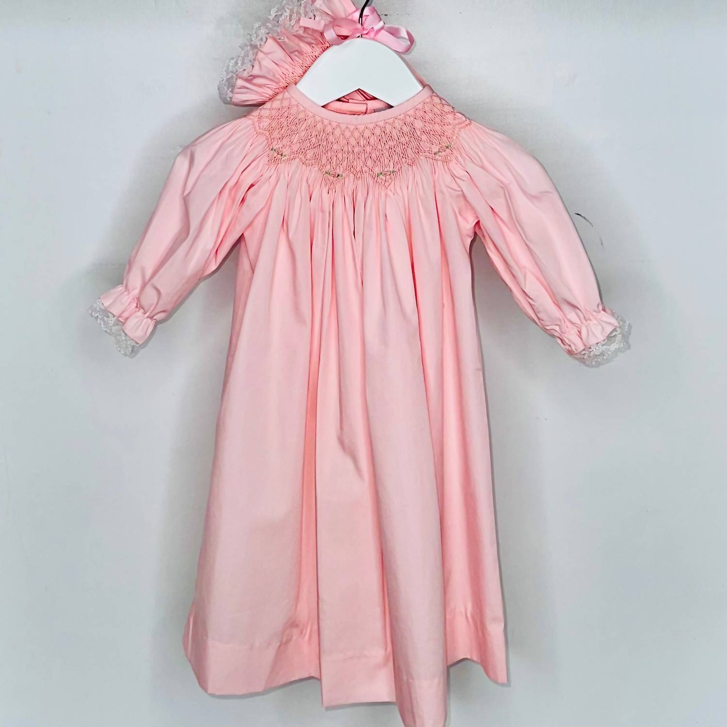 Delaney - Girls' Smocked Lace Trim Daygown And Bonnet