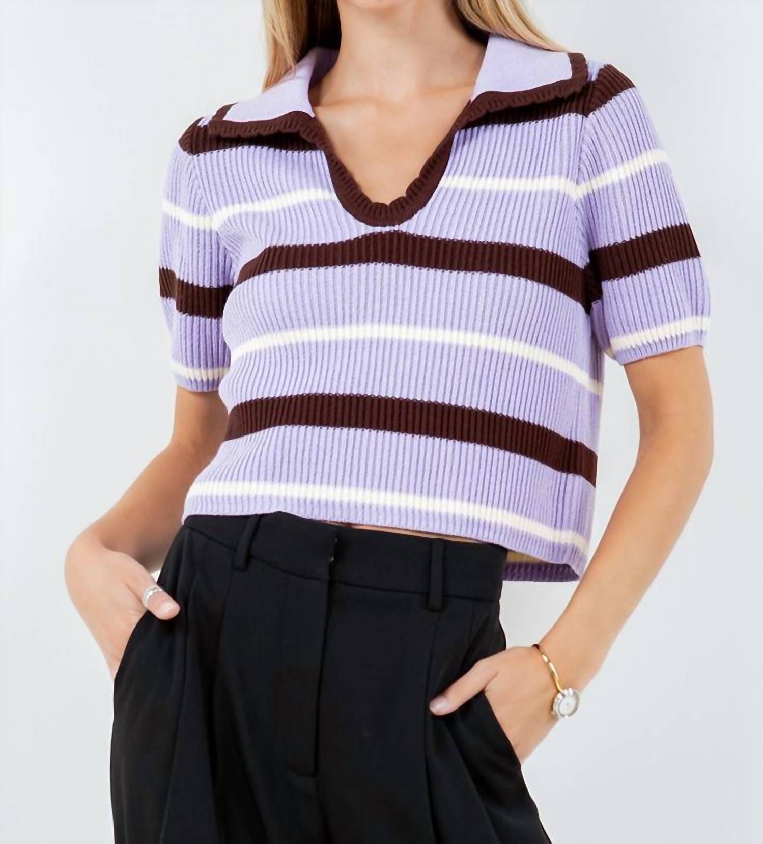 WHITEROOM+CACTUS Annise Cropped Collar Sweater in lavender brown - women's sweater