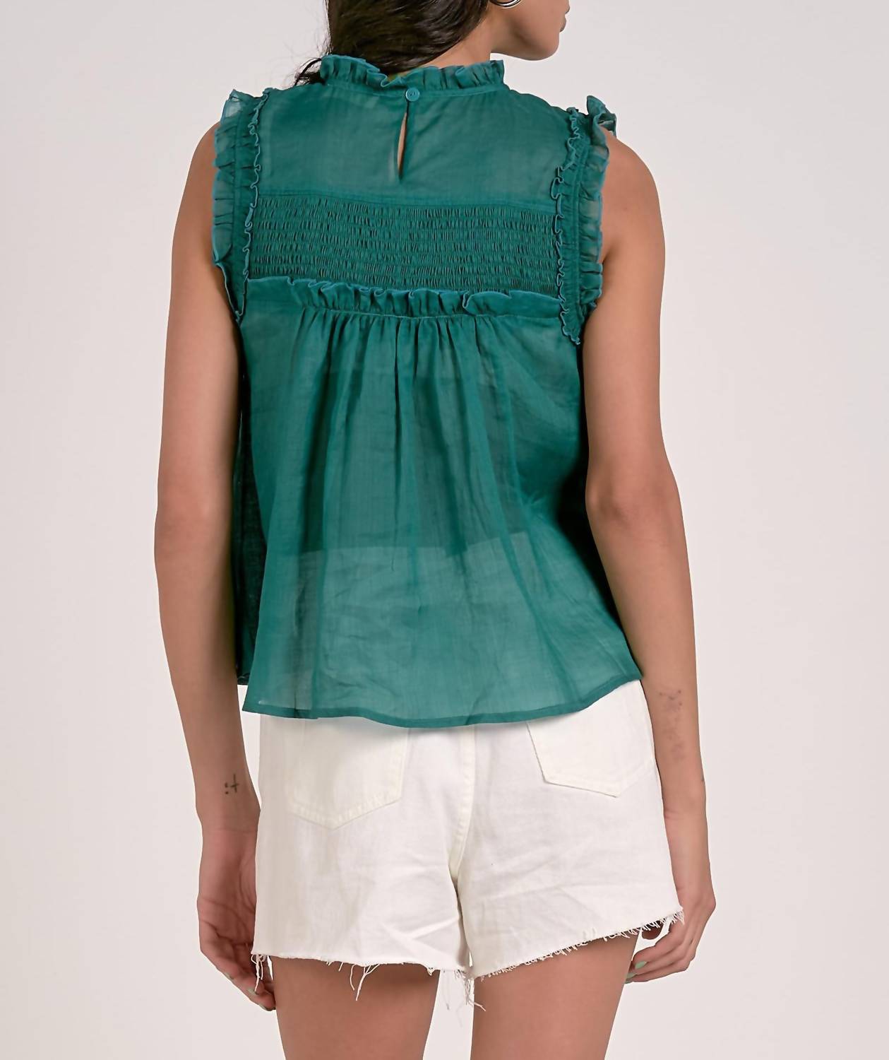 ELAN High Neck Smocked Top in emerald - women's blouse - view 4