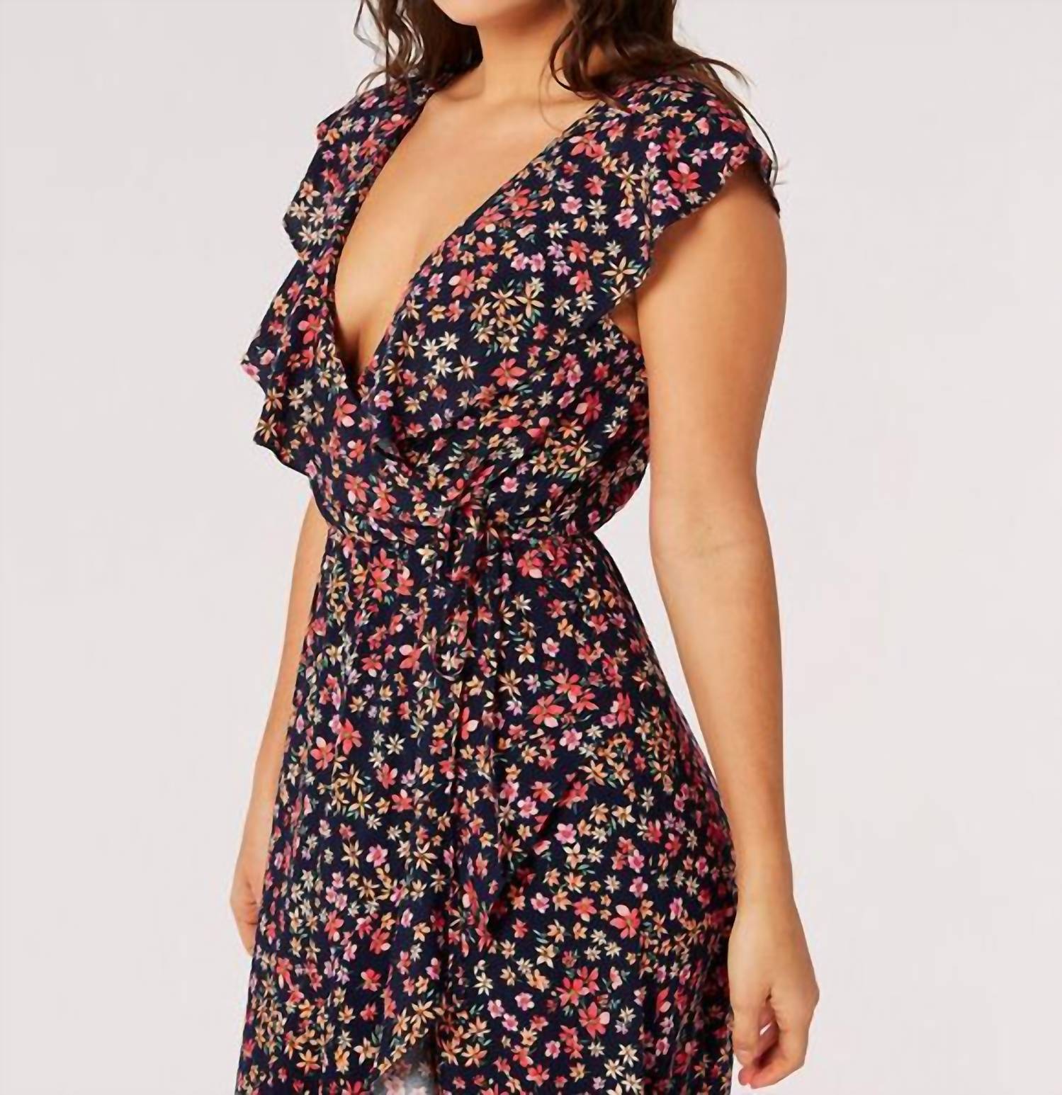 Apricot - Ditsy Floral Ruffle Wrap Midi Dress