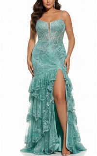 Jovani - Spaghetti Strap Gown with Beaded Bodice and High Slit