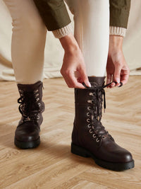 Fairfax & Favor Women's Anglesey Shearling Combat Boot in mahogany leather - women's shoe - detail view