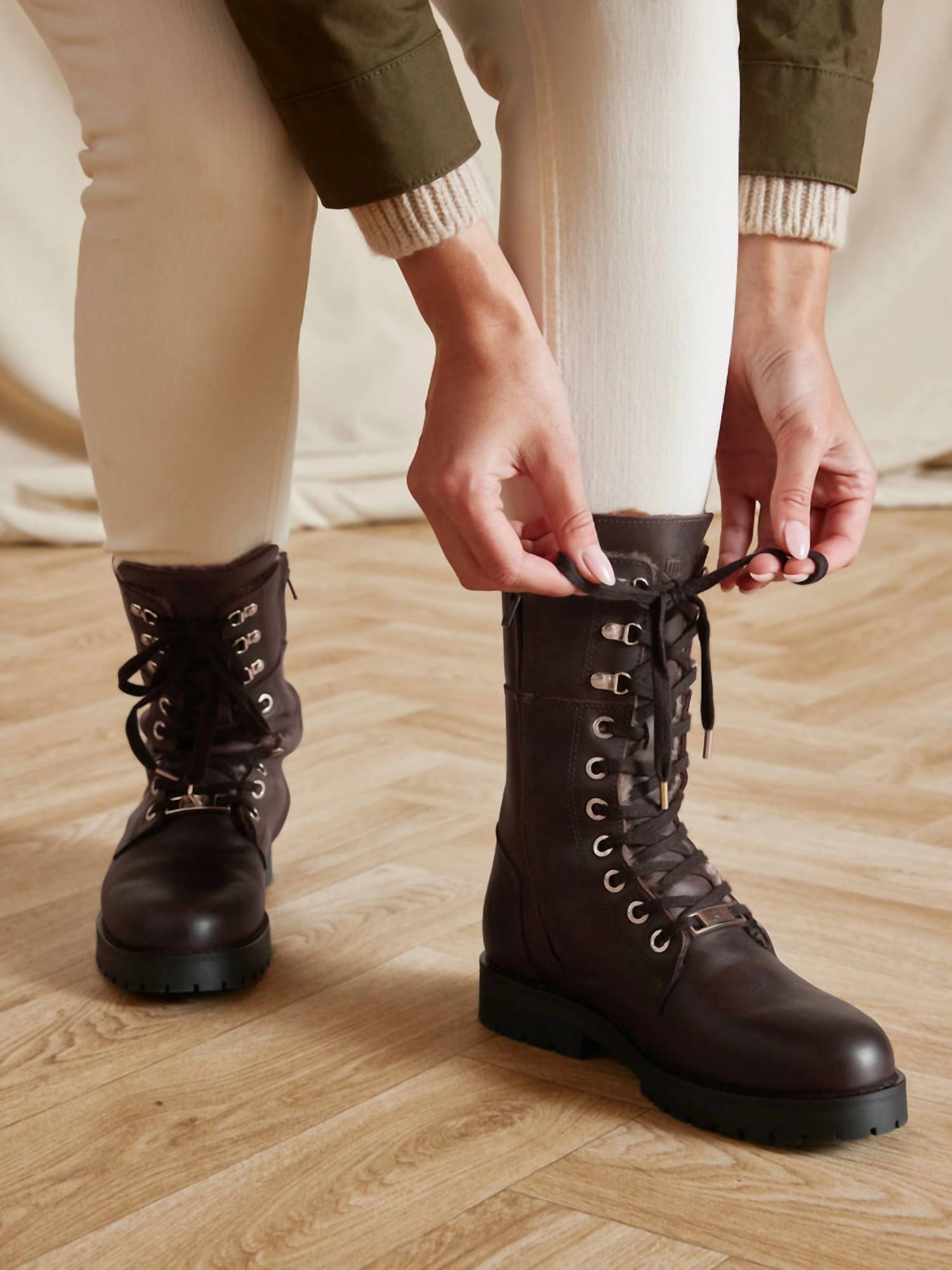 Fairfax & Favor Women's Anglesey Shearling Combat Boot in mahogany leather - women's shoe - detail view