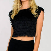 Elizabeth James The Label Jackie Cropped Top in black fringe - women's shirt