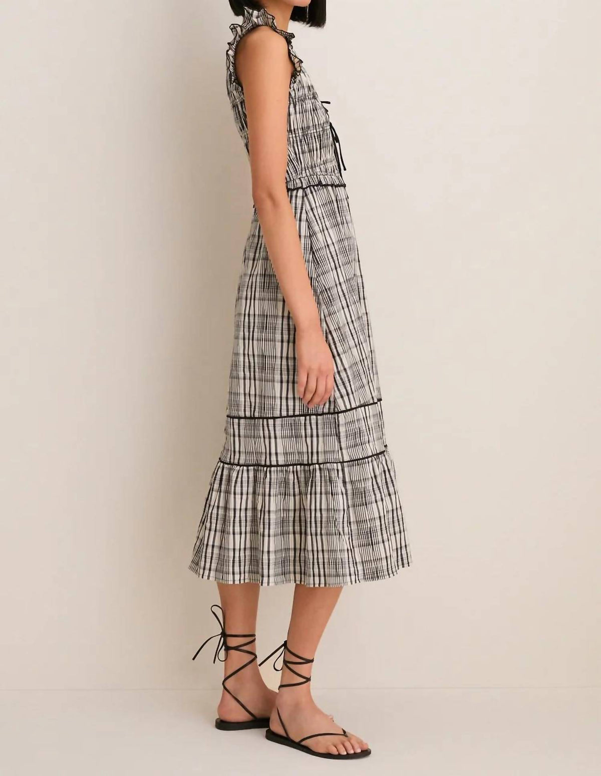 Greylin - Lacey Smocked Tie Front Midi Dress