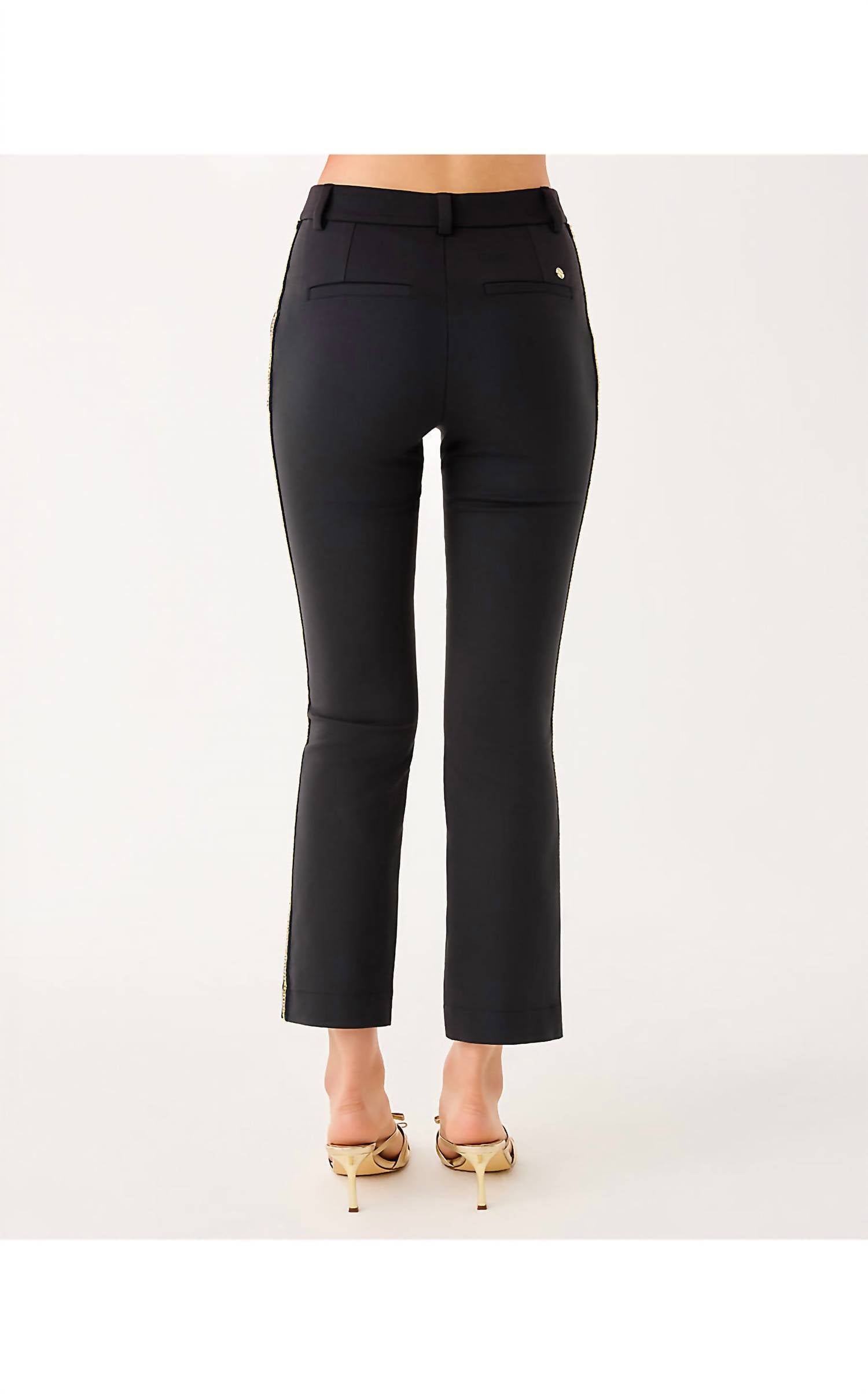 Lilly Pulitzer Ana Embellished High Rise Crop Flare Pants in noir - women's pants - detail view