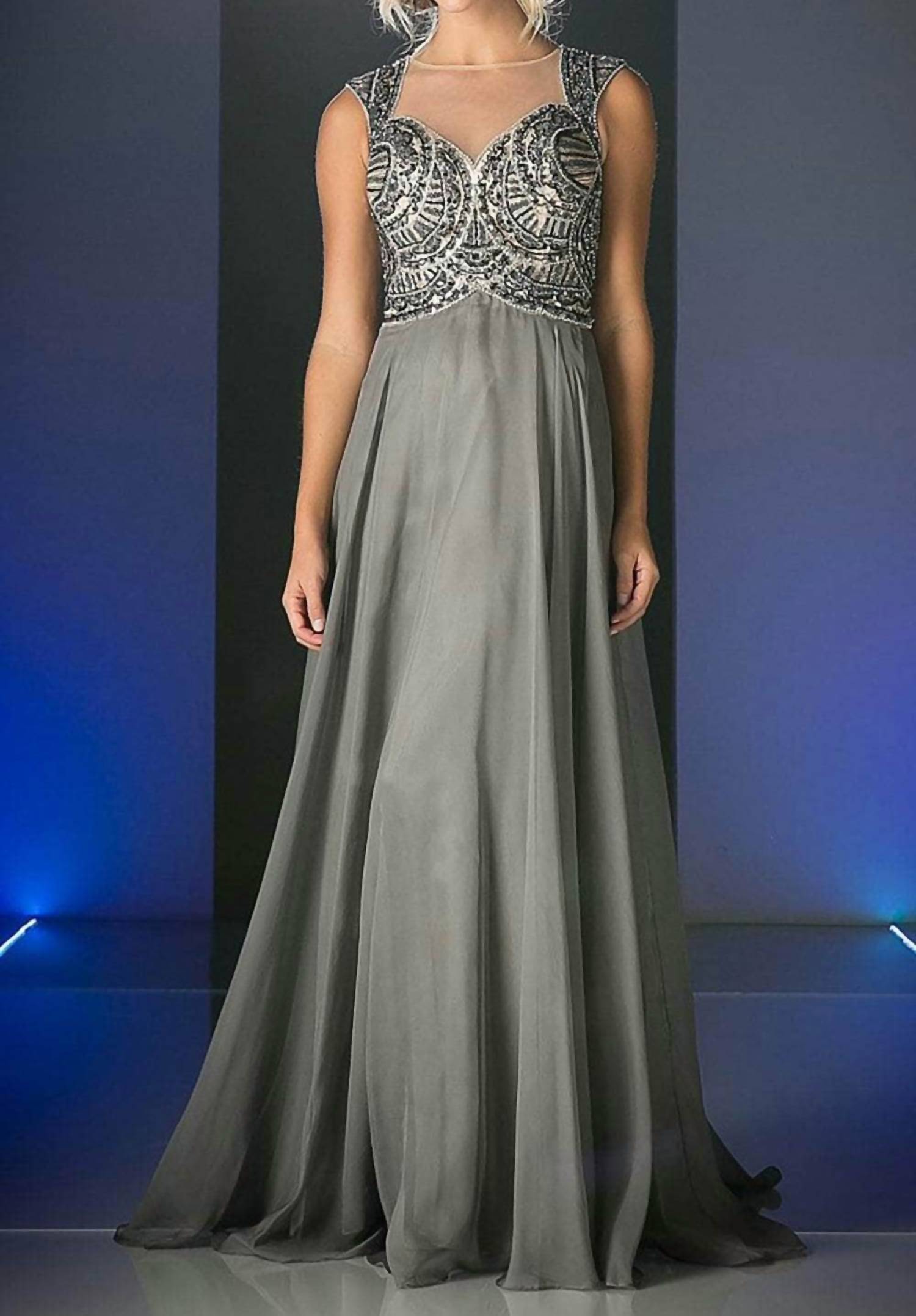 Cinderella Divine - Beaded Top Illusion Back Chiffon Gown