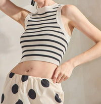 SIGNATURE8 Norah Viscose Stripe Ribbed Knit Crop Top in black - women's shirt - detail view