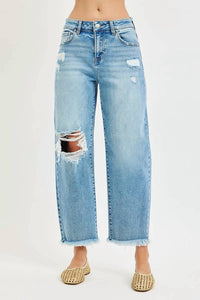 Risen - High Rise Crop Barrel Distressed Jeans