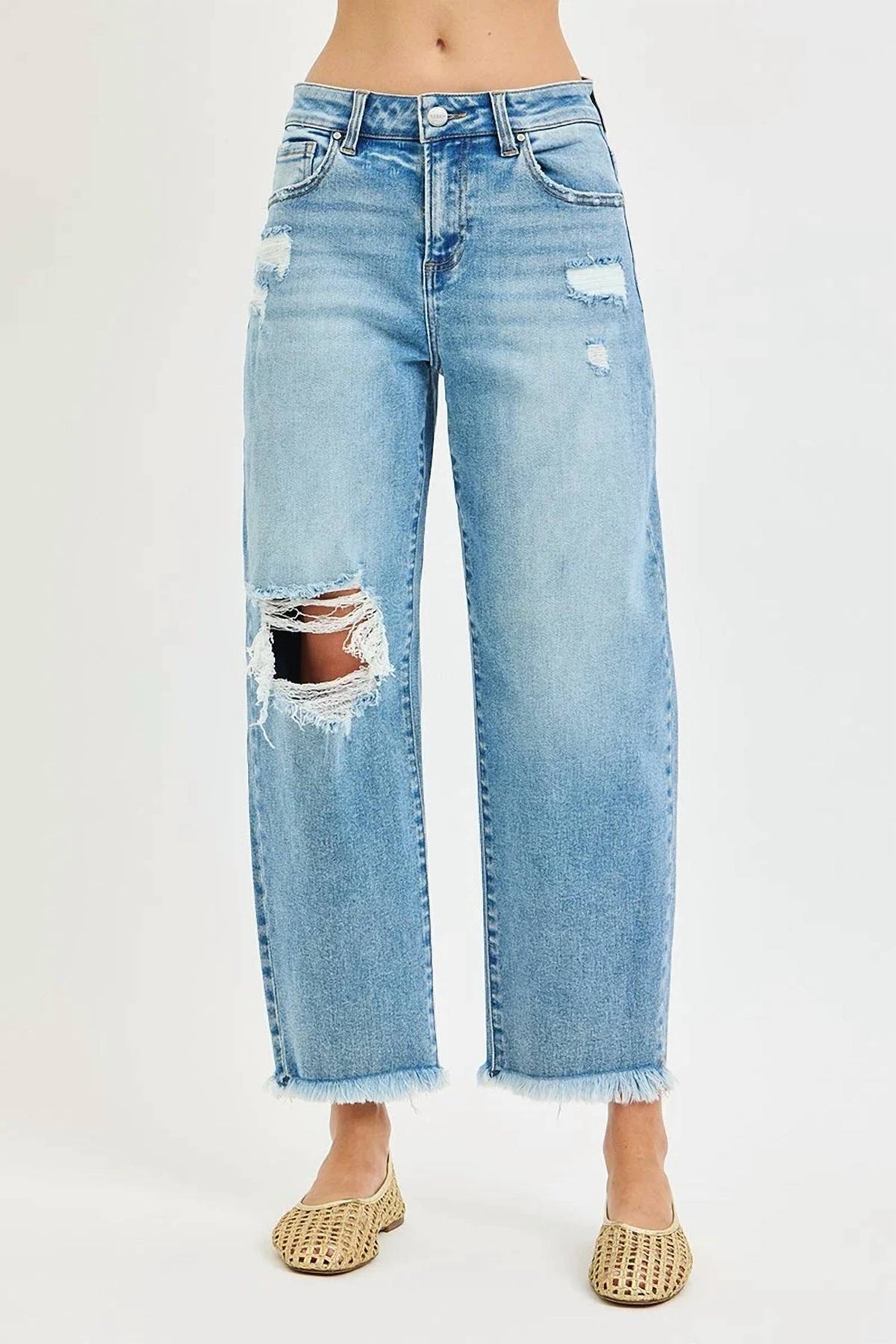 Risen - High Rise Crop Barrel Distressed Jeans