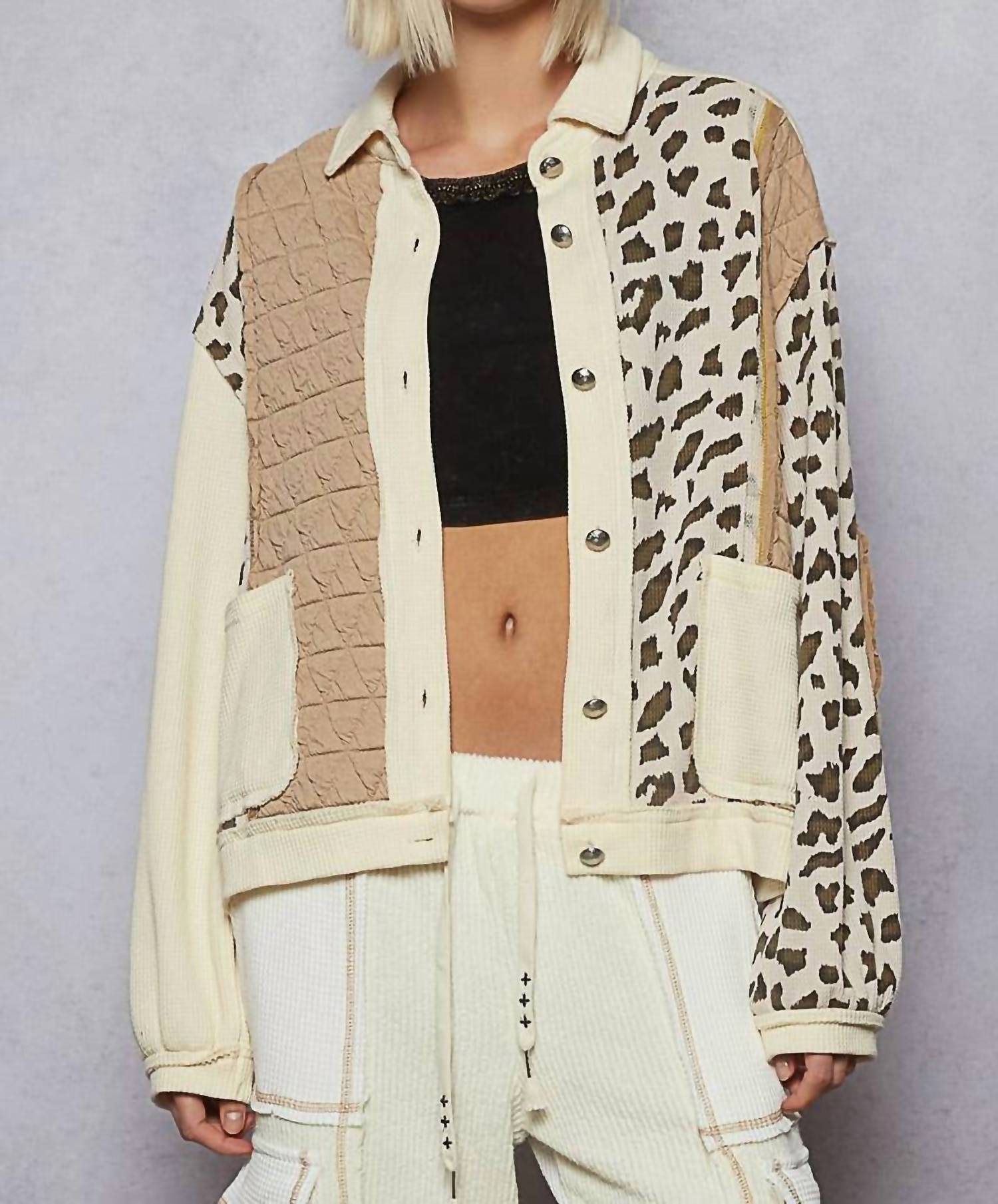 POL Floral Animal Print Contrast Color Block Quilted Jacket in cream multi - women's jacket