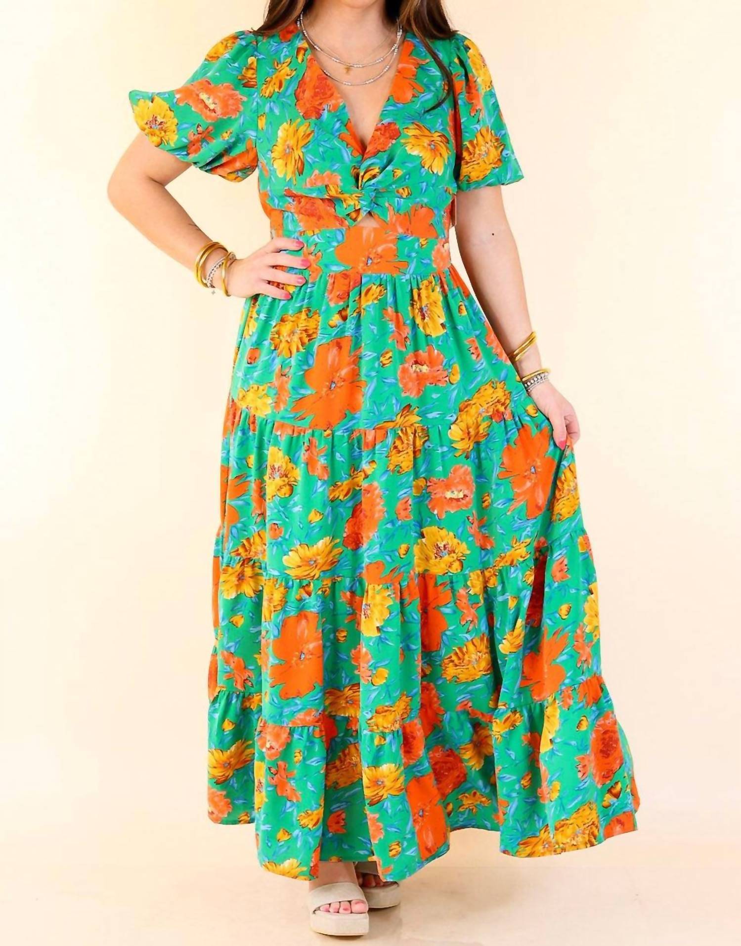Entro - Puff Sleeve Tiered Midi Dress
