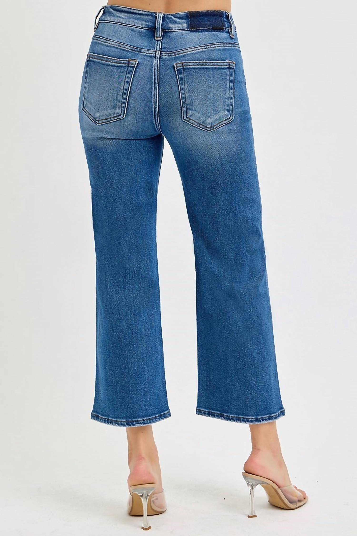 Risen - Tummy Control Elastic Band Mid-rise Crop Wide Leg Jeans