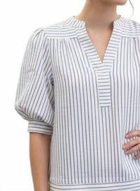 She + Sky - Bubble Sleeve Striped Woven Top