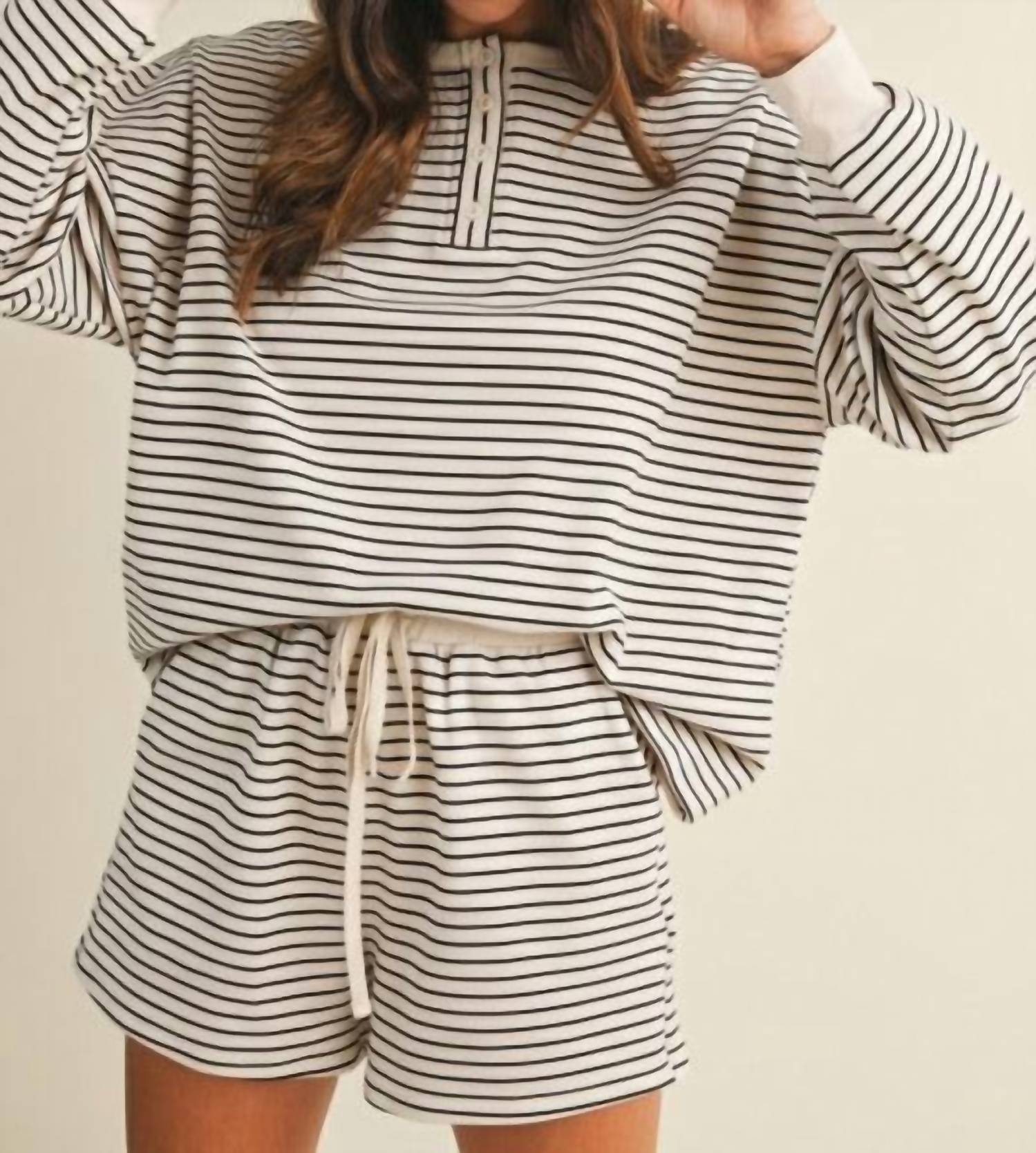 AnnieWear Soft Brushed Pin Stripe Pullover & Shorts Set in grey - women's sleepwear