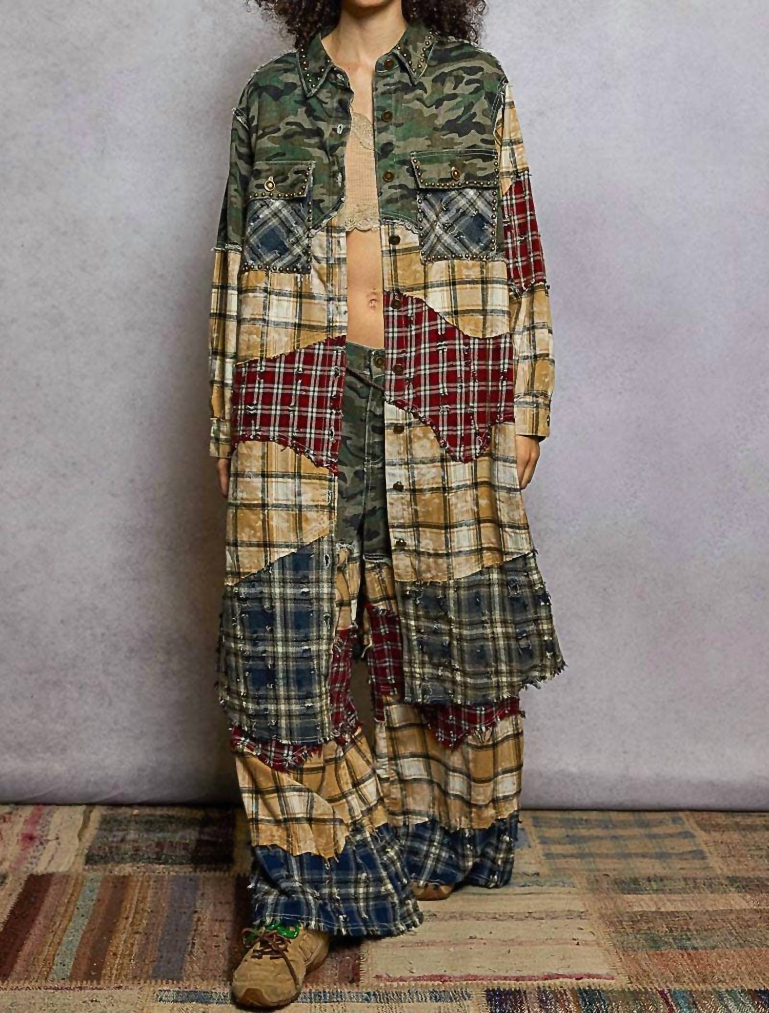 Pol - Plaid Woven Varied Patchwork Maxi Shirt Jacket