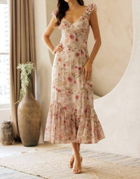 STORIA Floral Ruffle Strap Midi Dress in beige - women's dress
