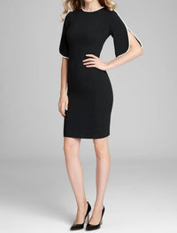 Teri Jon - Short Sleeve Pearl Trim Crepe Sheath Dress