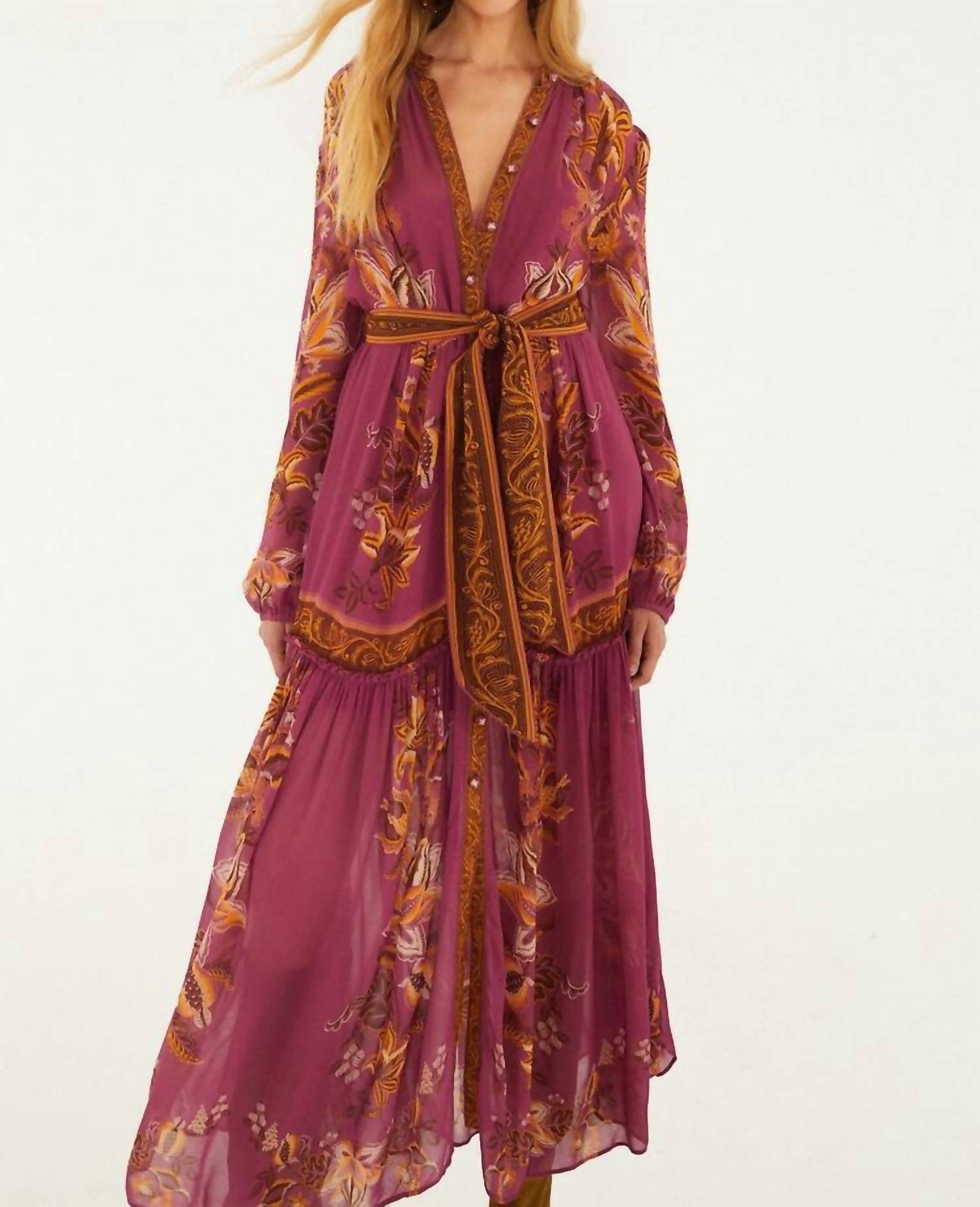 Farm Rio - Delicate Chintz Puff Sleeve Belted Maxi Dress