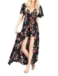 ANGIE Floral Maxi Romper in black - women's pants