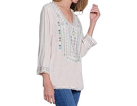 Multiples - Three Quarters Sleeve V Neck Embroidered Top