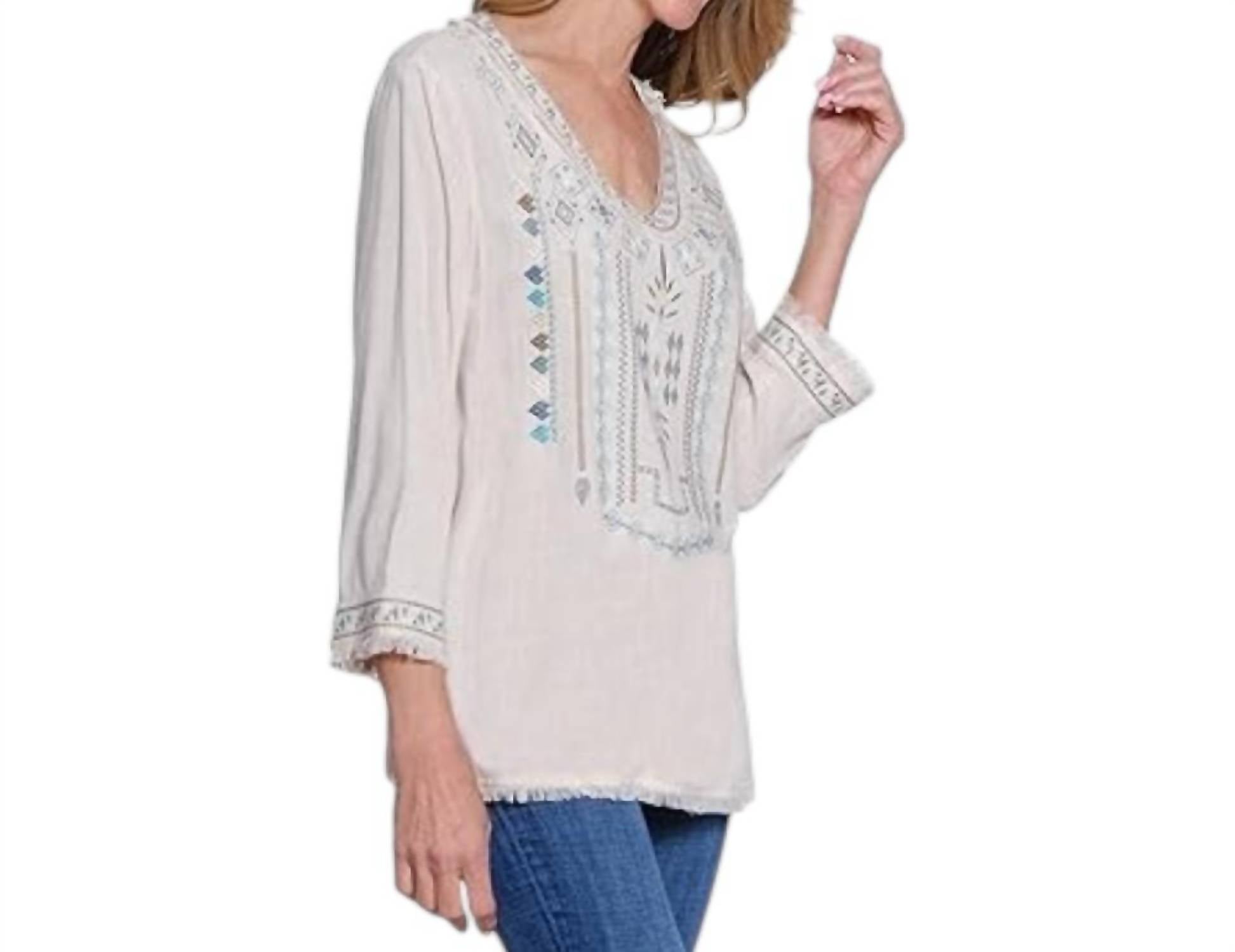 Multiples - Three Quarters Sleeve V Neck Embroidered Top