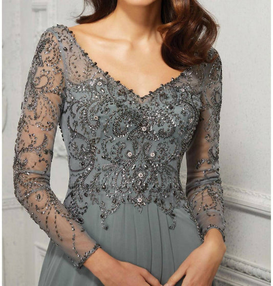 Mgny - Beaded Bodice Sheer Sleeve Dress