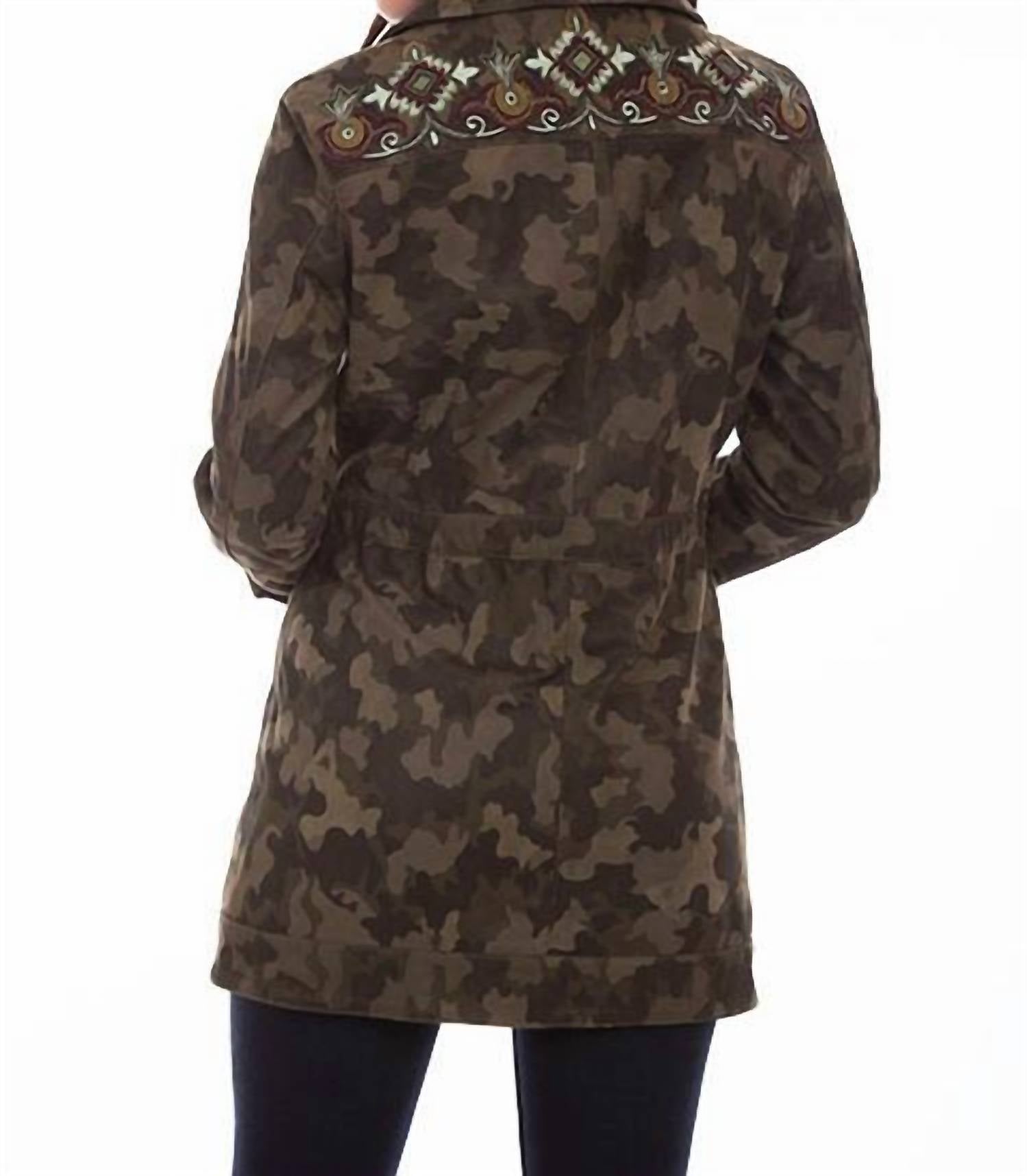 Scully Camouflage Suede And Embroidered Beaded Jacket in olive - women's jacket - detail view