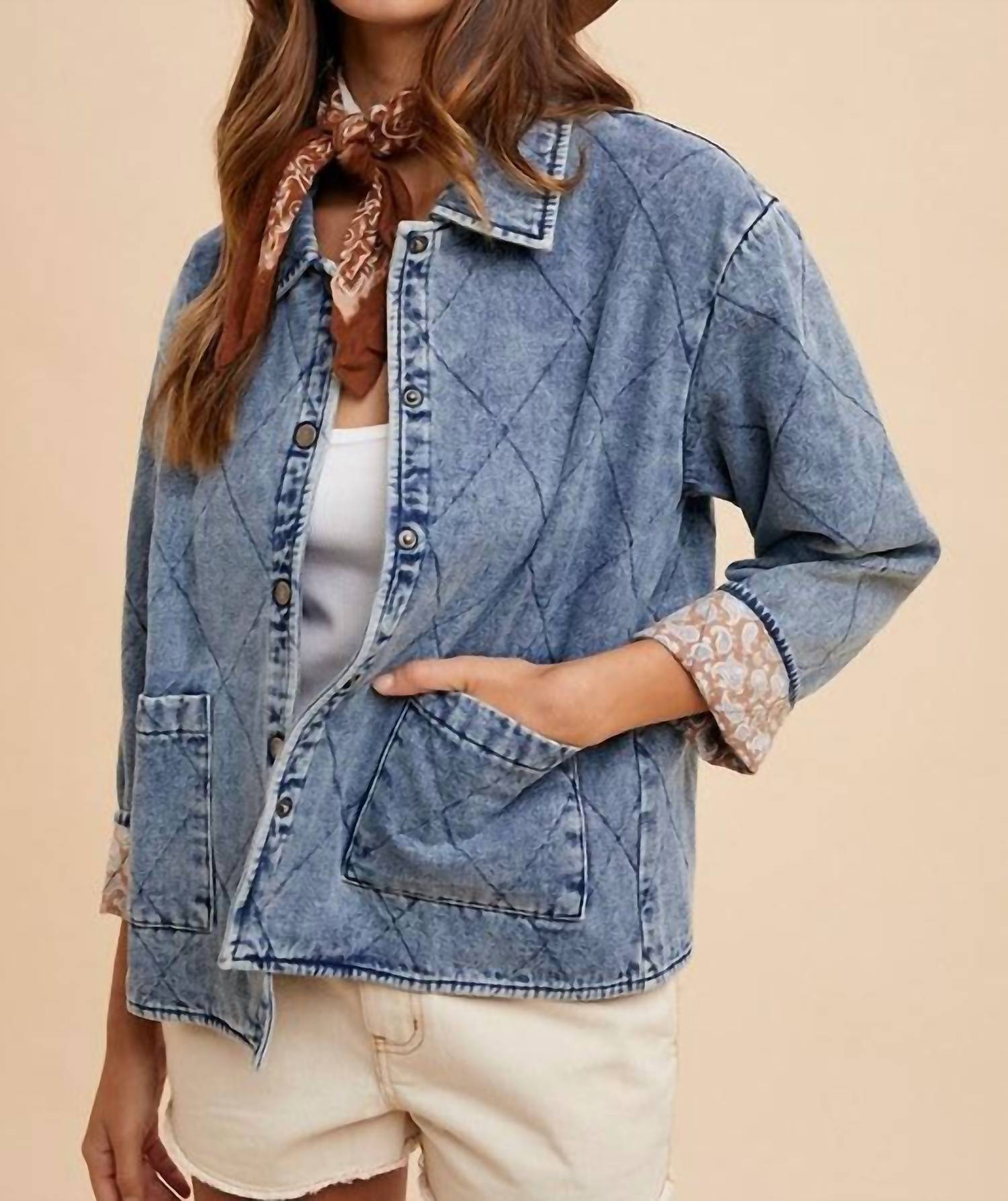 AnnieWear Contrast Lining Quilted Denim Jacket in blue - women's jacket - view 5