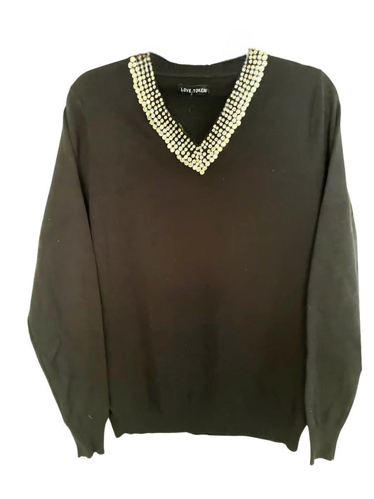 Love Token - Women's Jewel Collar V Neck Pullover Top