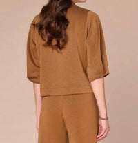 Democracy - Pleated Elbow Sleeve Mock Neck Cropped Hem Knit Top