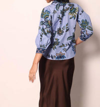 maude vivante Elsa Button Down Blouse in periwinkle mosaic - women's blouse - detail view