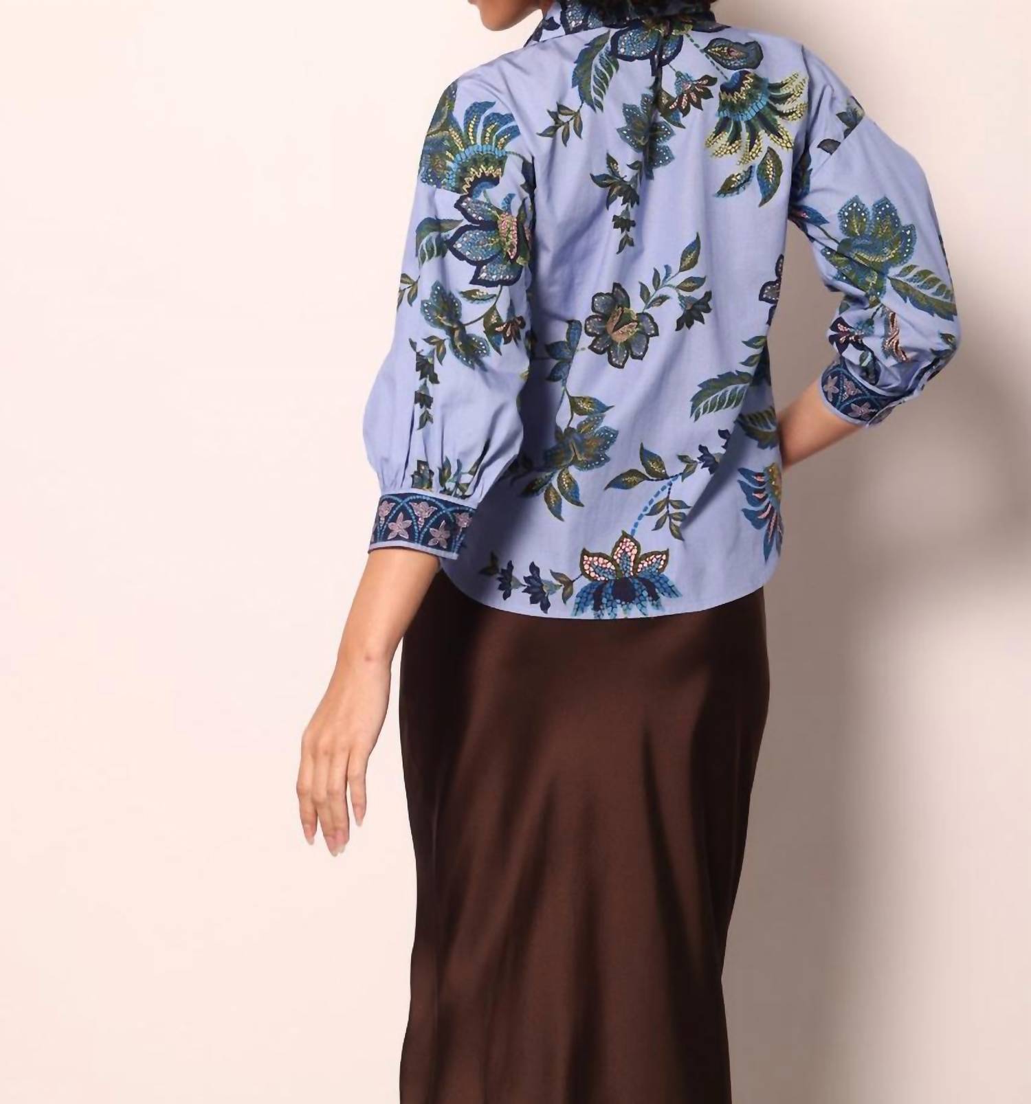 maude vivante Elsa Button Down Blouse in periwinkle mosaic - women's blouse - detail view