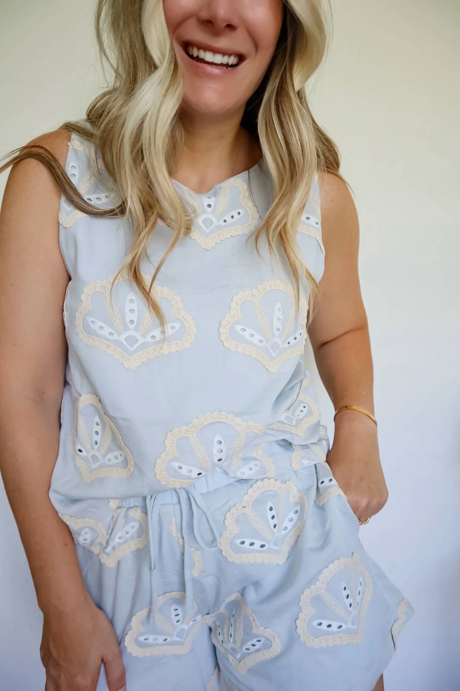 Lalavon - Sydney Seashell Embroidery Top & Shorts Set