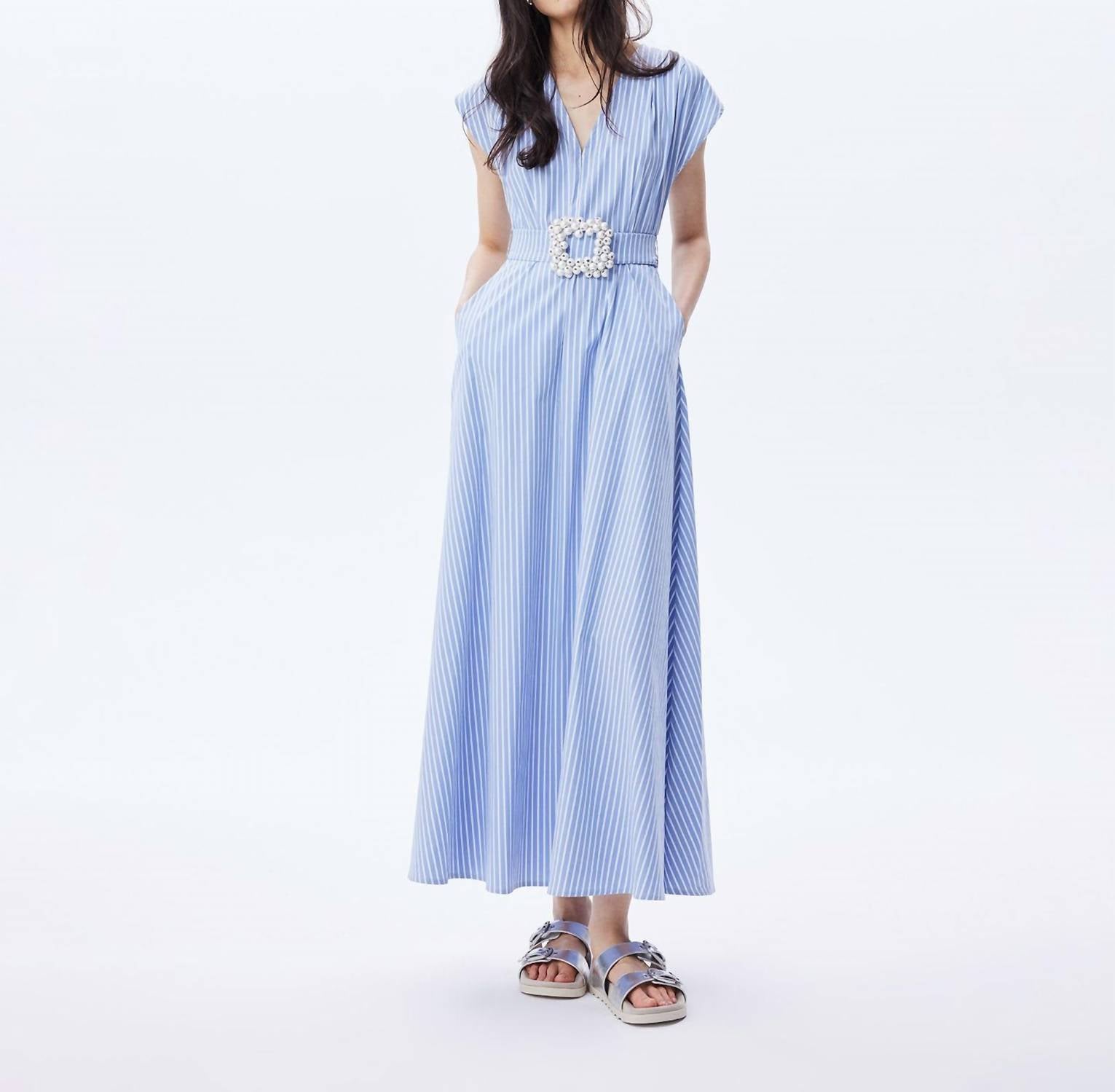 Theo The Label - Women's Echo Beaded Belt V Neck Shirtdress