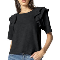 Lilla P Women's Elbow Sleeve Ruffle Crewneck Top in black - women's blouse
