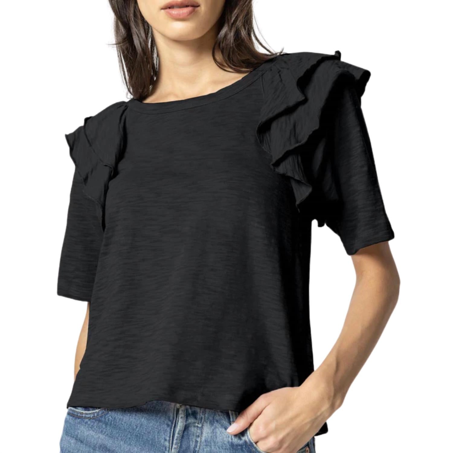 Lilla P Women's Elbow Sleeve Ruffle Crewneck Top in black - women's blouse