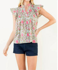 Thml - Flutter Sleeve Floral Detail Button Up Top