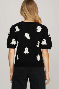 She + Sky - Puff Sleeve Halloween Ghost Pattern Sweater