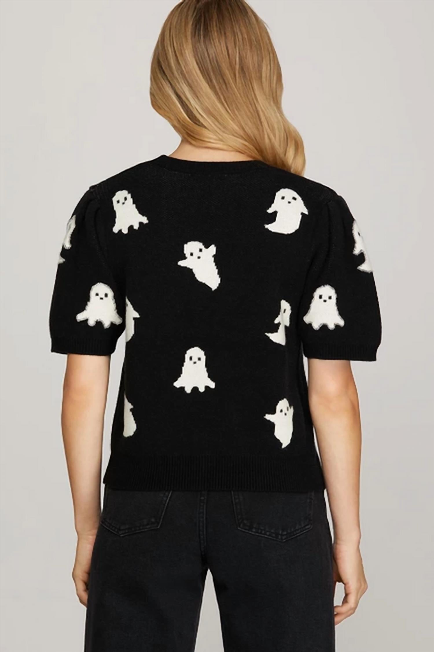 She + Sky - Puff Sleeve Halloween Ghost Pattern Sweater
