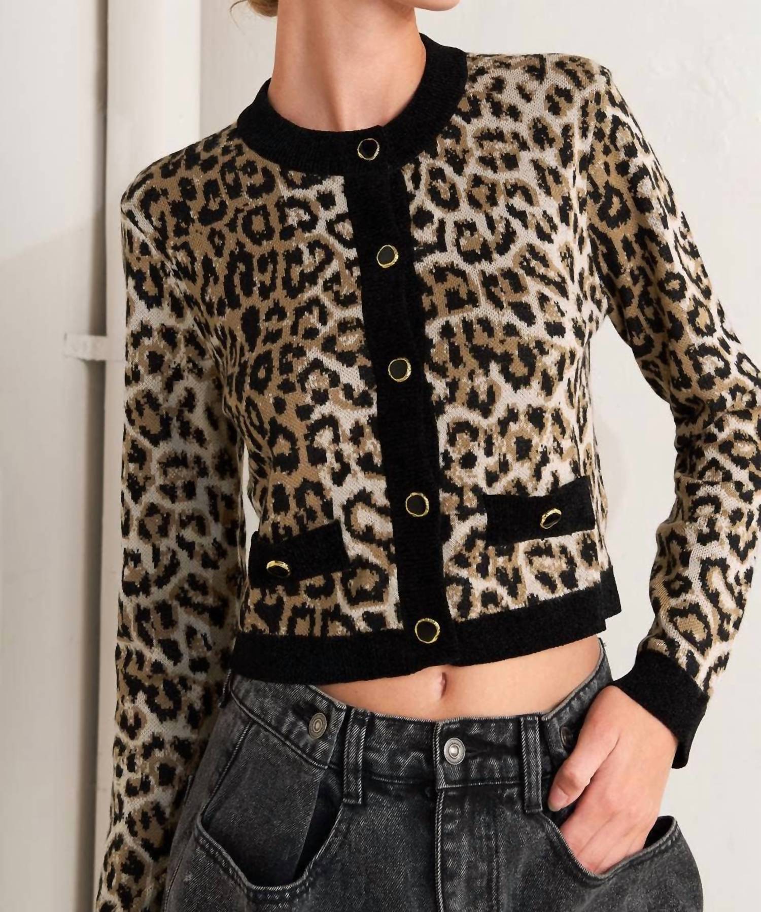 Flying Tomato - Kristen Animal Print Knit Cardigan