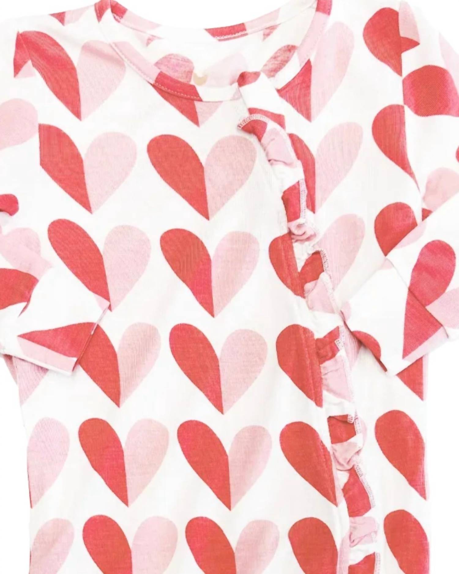 PINK CHICKEN Girls' Ruffle Bamboo Romper in pink half hearts - kids' item - detail view