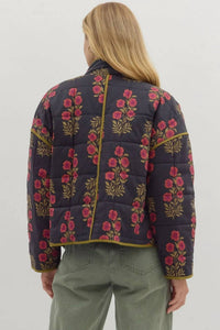 entro Botanical Print Quilted Jacket in black - women's jacket - detail view