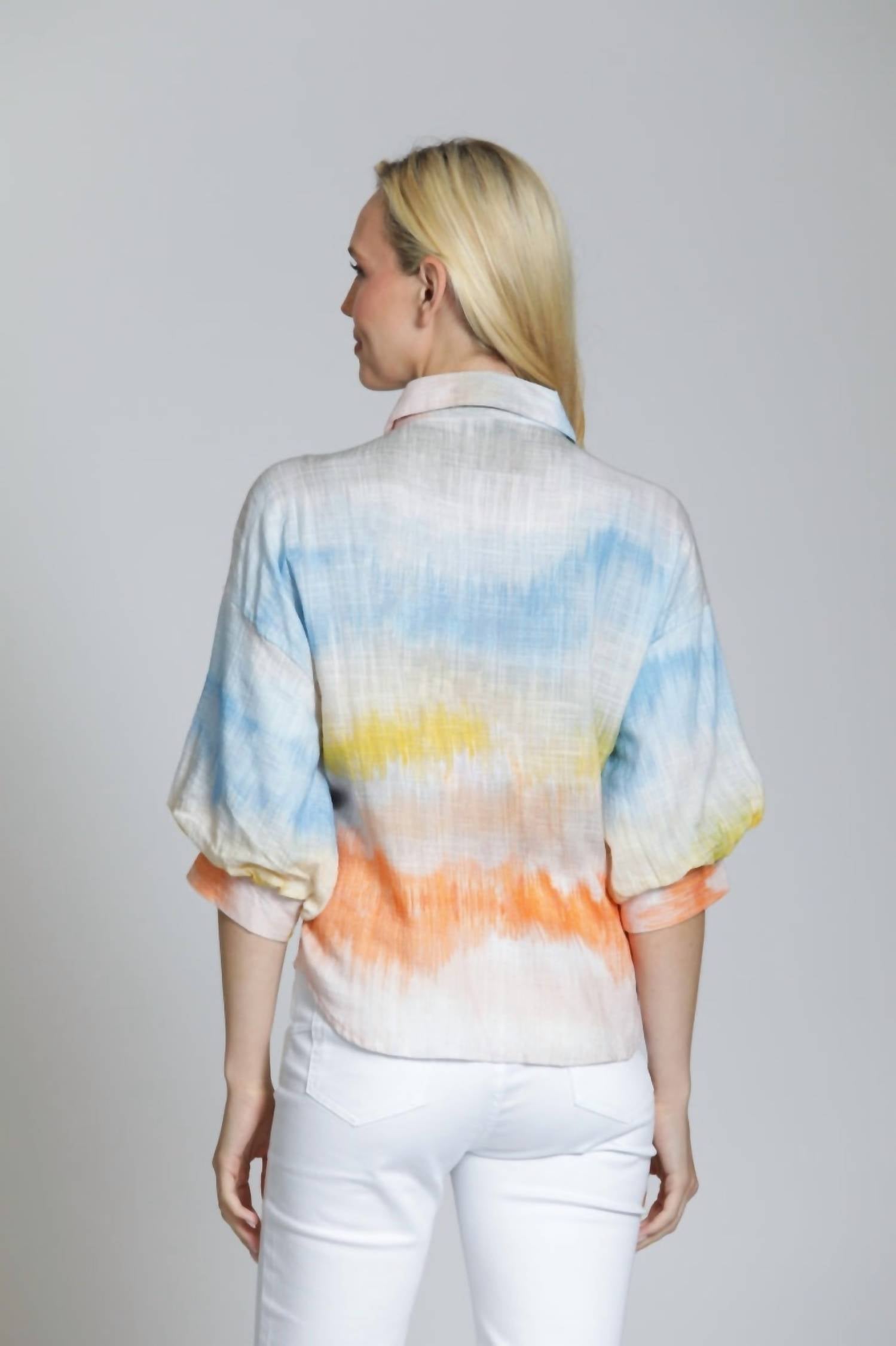Apny - Watercolor Stripe Blouson Sleeve Top