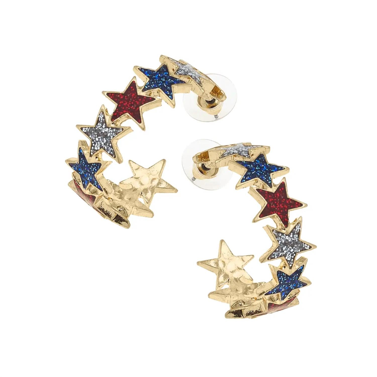 CANVAS Style Star Spangled Glitter Hoop Earrings in red silver blue - women's jewelry