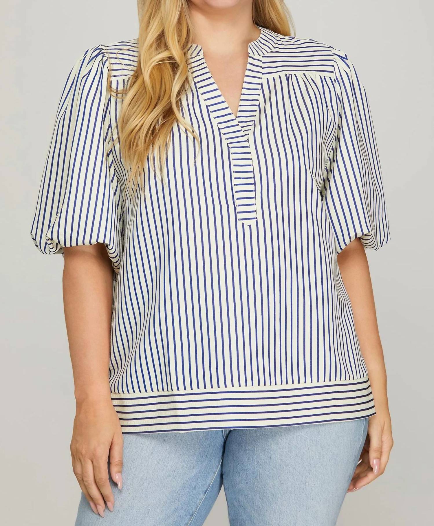 She + Sky - Bubble Sleeve Striped Woven Top