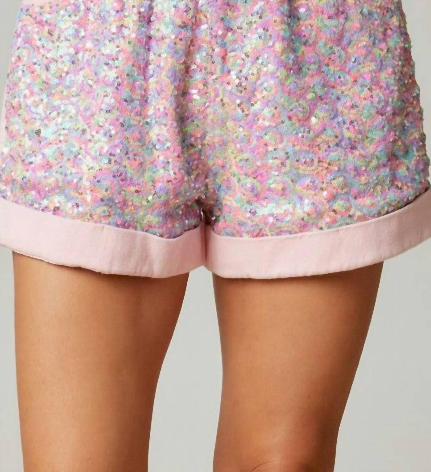 FANTASTIC FAWN Women's Sequin Color Block Paper Bag Denim Short in pink - women's shorts - detail view